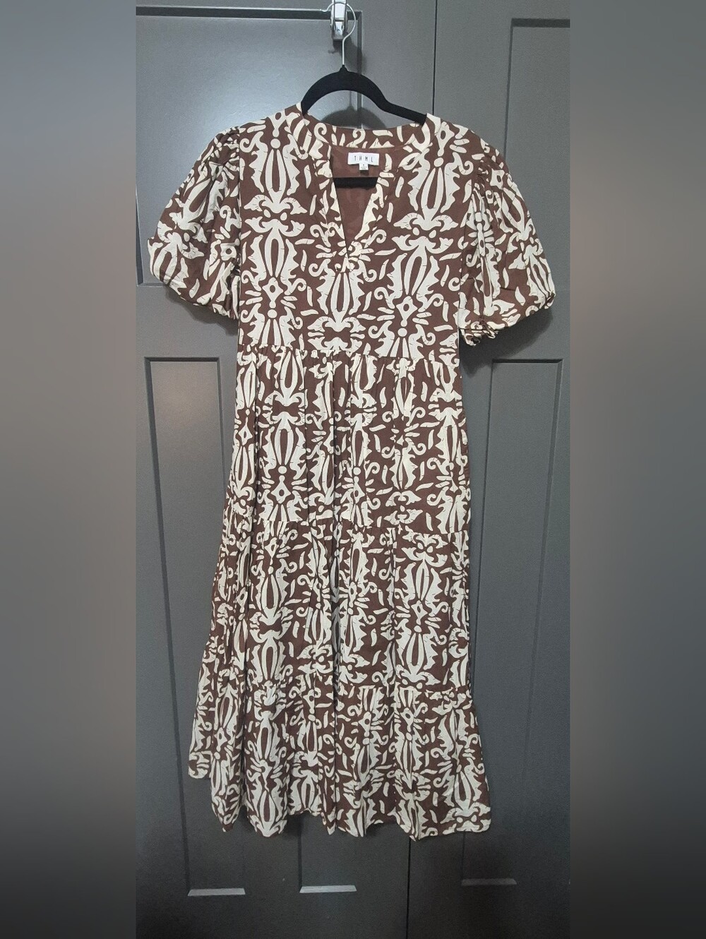THML Brown Ivory Batik Print Puff Sleeve Cotton Midi Dress S - Picture 2 of 7